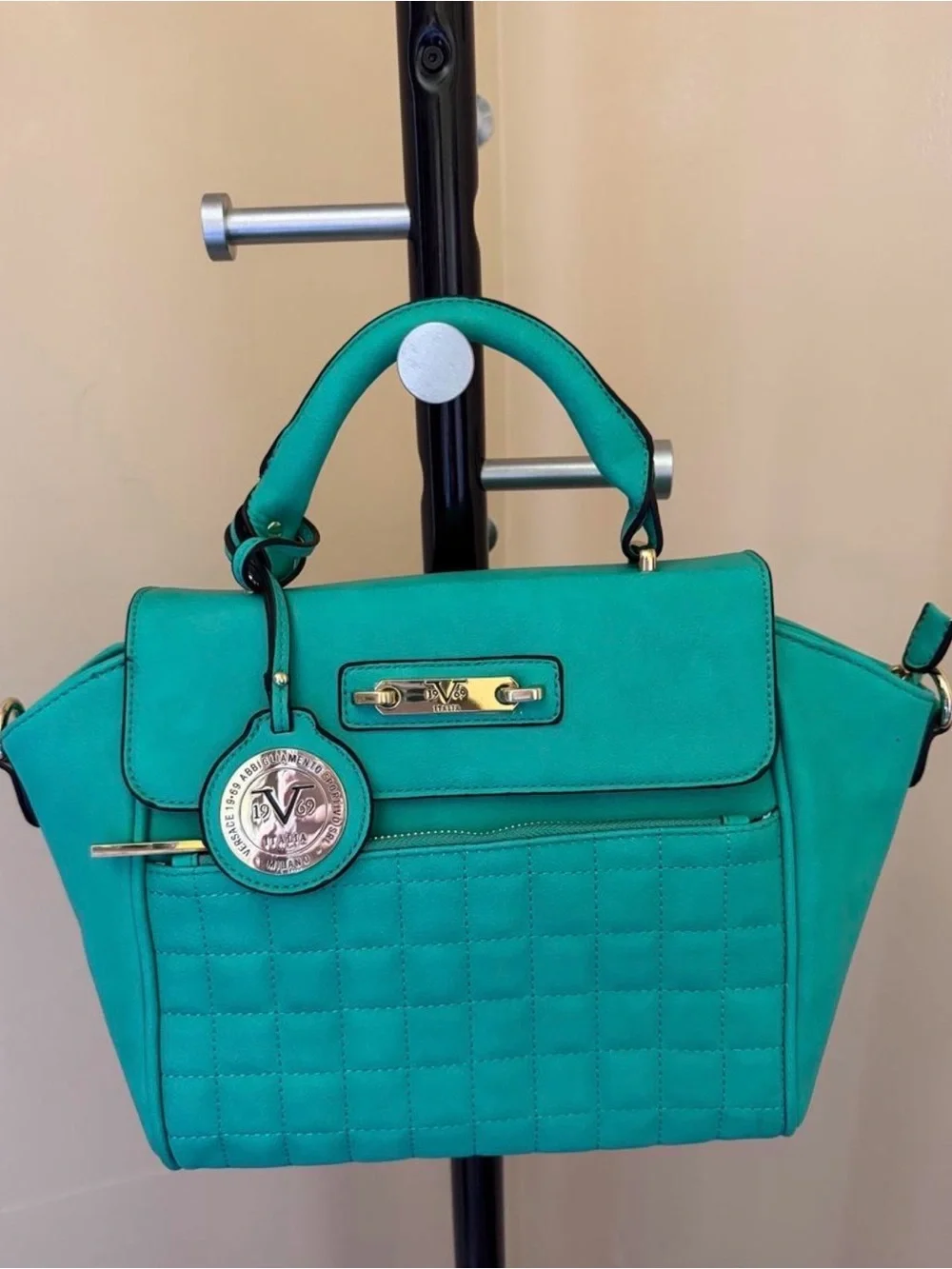 Versace Teal Quilted Top-Handle Satchel with Gold Hardware